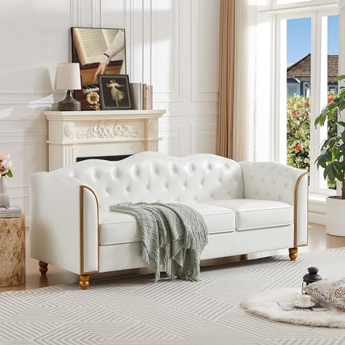 HITHOS 78" Leather Sofa Couch, Soft 3 Seater Sofa Couches for Living Room, Button Tufted Comfy Couch Modern Sofa with Upholstered Cushion, Gold Trim, Solid Wood Legs for Dorm Bedroom Apartment, White