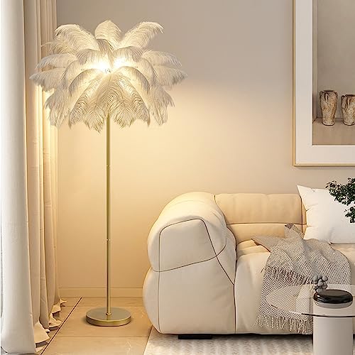 Feather Floor Lamp for Living Room, Modern White and Gold Ostrich Feather Lamps 160cm Tall Dimmable Floor Standing Lamp Bedroom Bedside Sofa Corner Decor Floor Lamp (White)