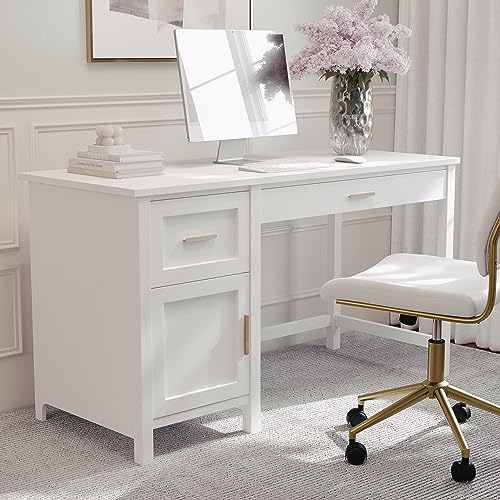 Martha Stewart Hutton Shaker Style Home Office Desk with Storage in White with Polished Brass Hardware