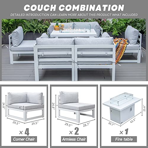 NICESOUL® 7 Pieces Aluminum Patio Furniture with Fire Pit Table Outdoor Conversation Set 43" Propane & Natural Gas Convertable Fire Pit Table Modern Luxury Sofa Set White Gray Color 7 Pieces