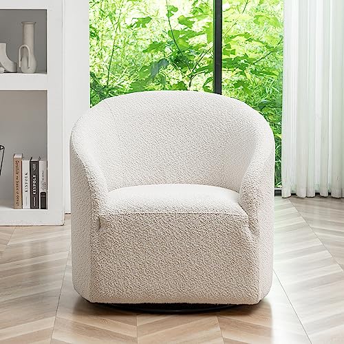 KINWELL 32" Wide Boucle Upholstered Swivel Cuddle Barrel Chairs, Mid-Century 360 Degree Swivel Accent Sofa Chairs, No Assembly Round Armchairs for Living Room, Bedroom, Office (White)