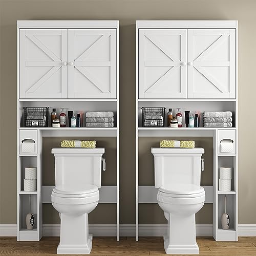 furomate Over The Toilet Storage Cabinet with Shelves and Doors, 32.3''W Free Standing Toilet Shelf Space Saver with Anti-Tip Design and Adjustable Bottom Bar, White