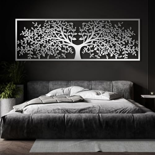 Tree of Life Metal Wall Decor, Tree of Life Metal Wall Art, Large Metal Tree Wall Decor, Metal Tree Wall Art, Metal Tree Decoration, Tree Silhouette, Living Room Bedroom Decor (White, 64"x 22"| 165x56cm)