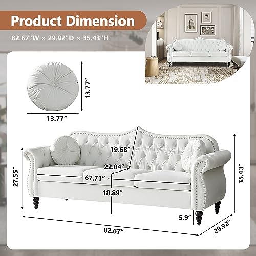 AVZEAR 82" Three Seater Sofa, Chesterfield Sofa, Mid-Century Modern Velvet Upholstered Sofa, Deep Button Tufted Living Room Sofa with Two Throw Pillows, White