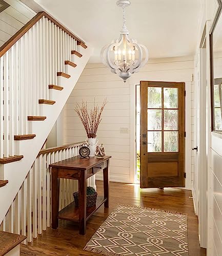 ETONIMERR Wooden French Country Chandelier Light Fixture Ceiling 5-Light, Antique White Farmhouse Chandelier for Dining Room Cottage Rustic Pendant Lighting for Kitchen Island Living Room Bedroom