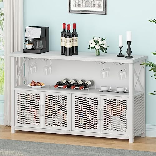 LVB White Coffee Bar Cabinet, Modern Wine Cabinet for Liquor and Glasses, Farmhouse Liquor Cabinet with Storage Rack, Industrial Kitchen Sideboard Buffet Cabinet for Home Dining Room, White Oak, 47 In