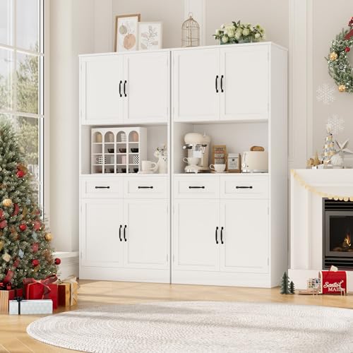 HOSTACK 71“ Tall Kitchen Pantry Storage Cabinet, Modern Kitchen Hutch Bar Cabinet with Microwave Stand, Wood Buffet Sideboard with Hutch, Cupboard with Drawers, Shelves for Dining Room, White