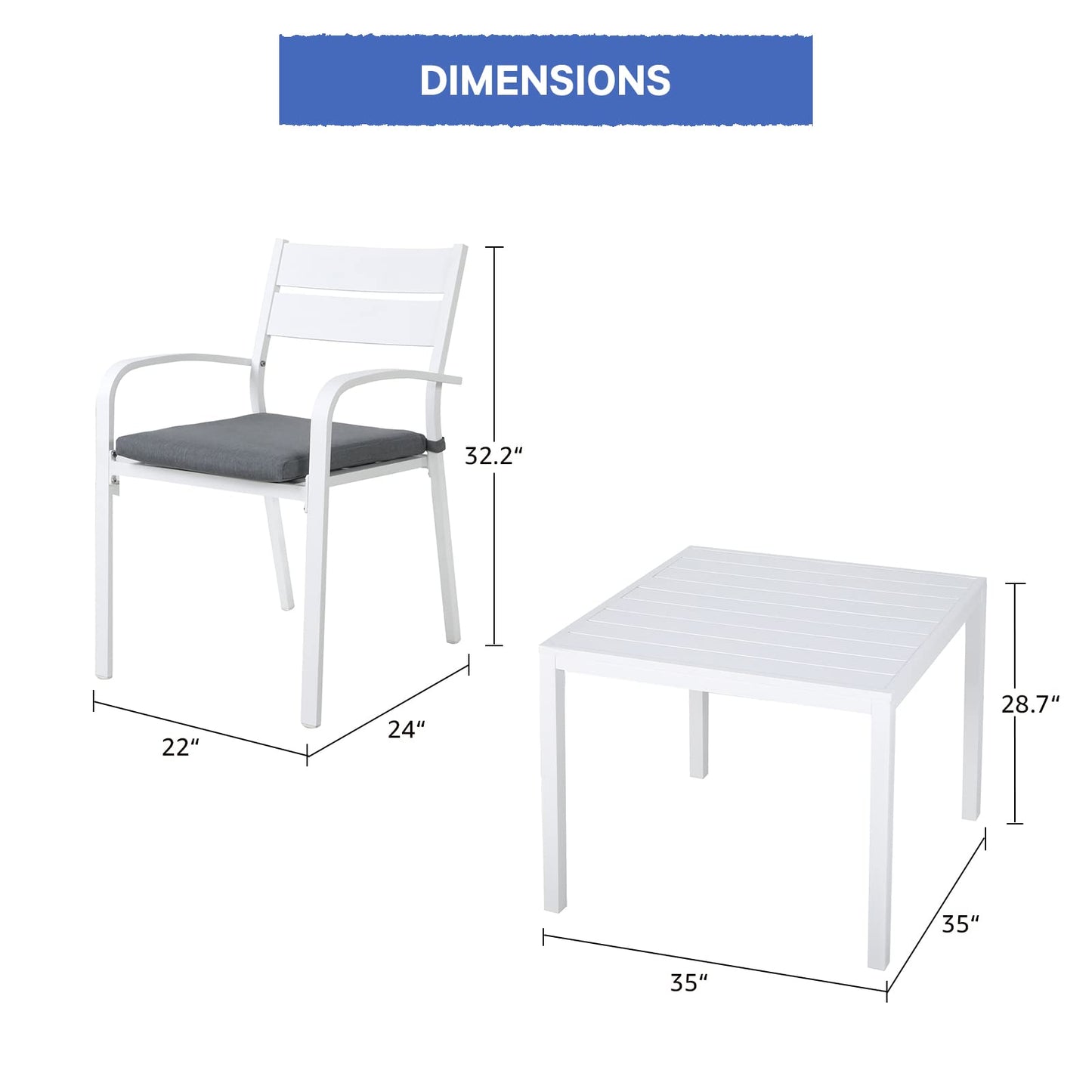 Soleil Jardin Aluminum 5 Piece Outdoor Furniture Dining Set, Patio Dining Furniture Set with 35" Square Table and 4 Stackable Chairs for Garden, Backyard, White Finish & Grey Cushion