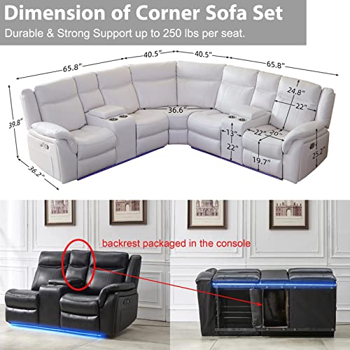 ELIASER White Manual Recliner Sectional Sofa Couch Faux Leather Living Room, Luxury Home Theater Office Furniture Sets w/ 2 Comfy Recline Seat LED Light Cup Holder USB Port Storage Console