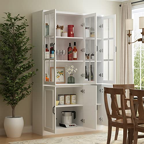 Homsee Tall Bookcase Bookshelf with Storage Shelves & 3 Glass Doors, Wooden Display Storage Cabinet with 10 Compartments for Home Office, Living Room, White (47.2”W x 15.7”D x 78.7”H)