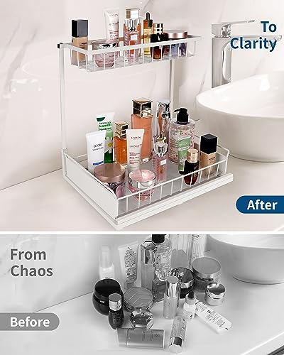 Zyerch Under Sink Organizer,Metal Pull Out Kitchen Cabinet Organizer with Sliding Drawer,Sturdy Multi-Functional for Bathroom Organization,White