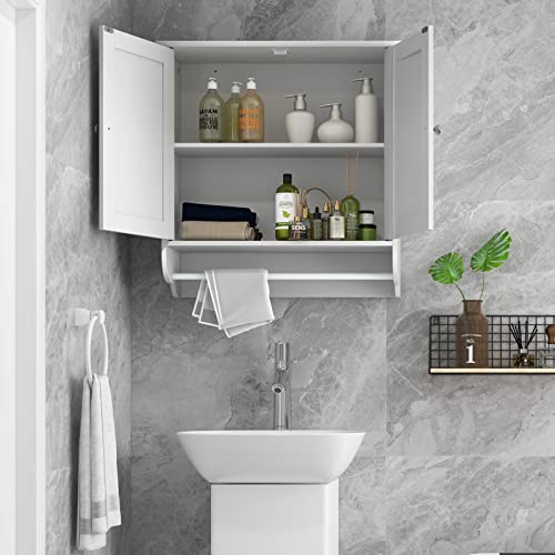 Tangkula Bathroom Cabinet Wall Mounted, Bathroom Medicine Cabinet with Bar & Double Door & Adjustable Shelf, Over The Toilet Storage Cabinet, Hanging Cabinet for Bathroom Laundry Kitchen