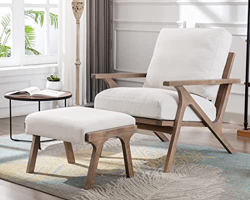 Mid Century Modern Accent Chair with Ottoman, Farmhouse Linen Upholstered Living Room Armchair and Ottoman Set, 23" Seat Wide Retro Leisure Lounge Chair with Wood Frame for Home, Bedroom, White