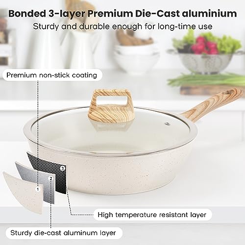 SODAY Pots and Pans Set Non Stick, 12 Pcs Kitchen Cookware Sets Induction Cookware Granite Cooking Set with Frying Pans, Saucepans, Steamer Silicone Shovel Spoon & Tongs (White)