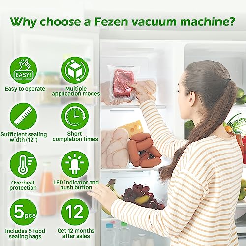 FEZEN Vacuum Sealer Machine for Food, Food Saver Machine 5-in-1 Food Sealer Automatic Vacuum Air Sealing Machine for Dry/Moist Food Storage with Vacuum Seal Bags & Air Suction Hose, White