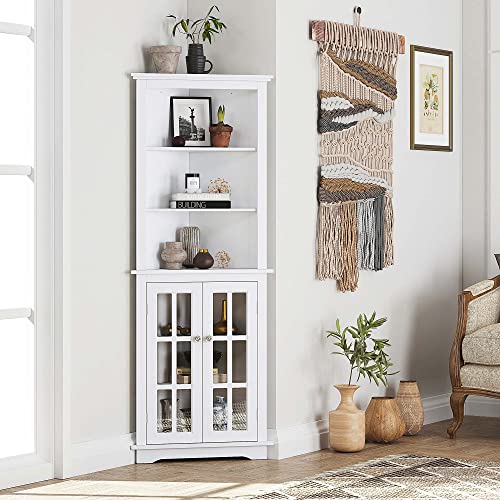 Spirich Home Bathroom Tall Corner Storage Cabinet, Floor Slim Display Storage Cabinet with Windowpane Glass Doors and Adjustable Shelves for Bathroom, Kitchen, Living Room or Bedroom, White