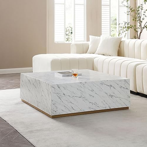 Modern Coffee Table, Square Center Table Modern Simple Faux Marble Coffee Table, Glam Accent End Table for Home, Apartment,Square White