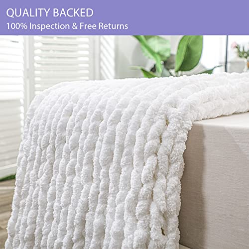 Bigacogo Chunky Knit Blanket Throw 51"x63", 100% Hand Knitted Chenille Throw Blanket, Big Soft Thick Yarn Cable Knit Blanket, Large Rope Knot Crochet Throw Blankets for Couch Bed Sofa (White)