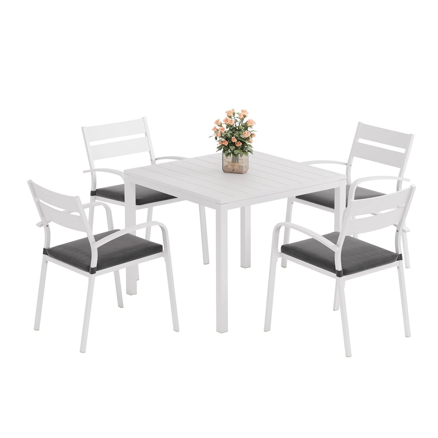 Soleil Jardin Aluminum 5 Piece Outdoor Furniture Dining Set, Patio Dining Furniture Set with 35" Square Table and 4 Stackable Chairs for Garden, Backyard, White Finish & Grey Cushion