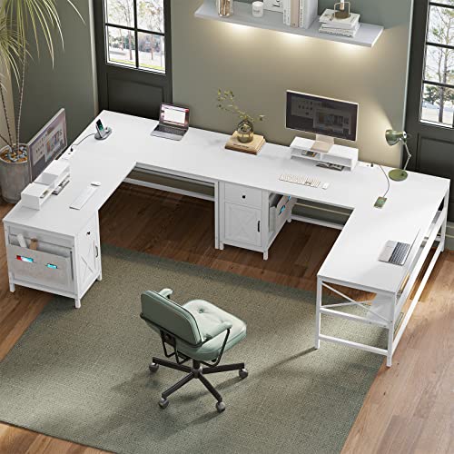 SEDETA L Shaped Computer Desk, Convertible 86.6" Home Office Desk or Corner Desk, Office Desk with Drawer, Power Strip, Storage Cabinet & Storage Bag, White