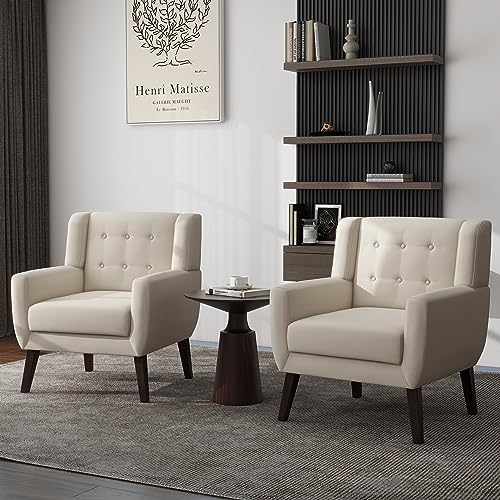 UIXE Accent Chairs Set of 2, Modern Living Room Arm Chair Button Tufted Armchair, Comfy Upholstered Club Lounge Sofa Seat Reading Chair Bedroom Side Seating for Home Office (White)