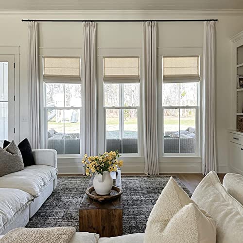 TWOPAGES Double Layer Lined Pinch Pleated Curtain Beige White Linen Blend Light Filtering Room Darkening Curtain for Kitchen, Window Treatment Curtain Panel (1 Panel, W52 x L90)