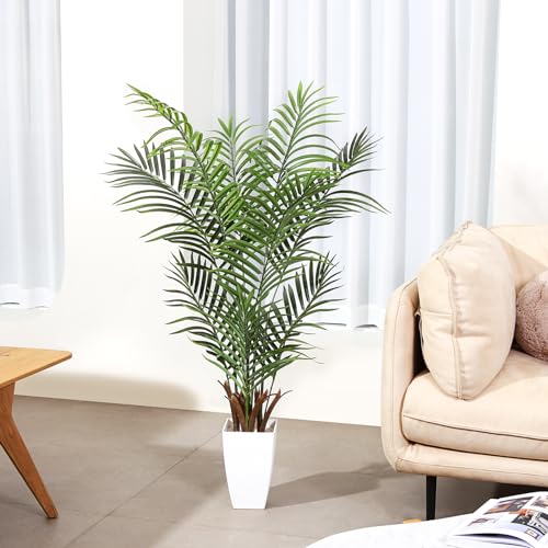 Kazeila Artificial Palm Tree 4FT Tall Faux Tropical Palm Plant with White Taper Planter Fake Greenery Potted Plant for Home Office Decor Indoor