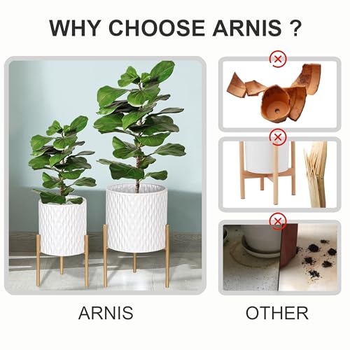 ARNIS Plants Pots with Stand, Indoor Planter Pots, Unique Mid Century Decorative Metal Flower Pots with Drainage, 8 & 10.25 Inch, White and Gold