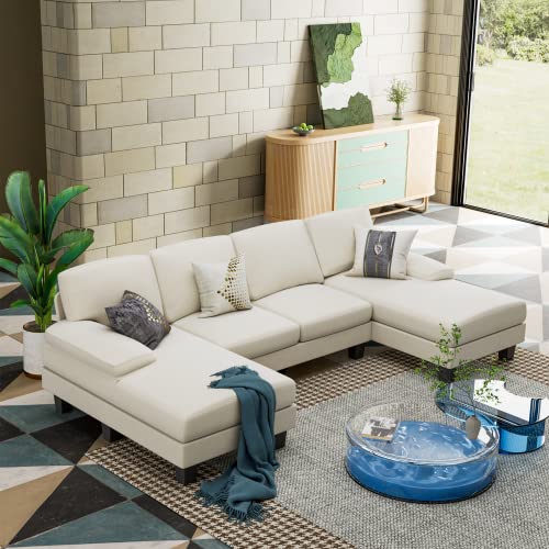 Flamaker Convertible Sectional Sofa Couch, Modern Fabric U-Shaped Living Room Furniture Set, 4-Seat Sectional Sleeper Sofa with Double Chaise & Memory Foam (White)