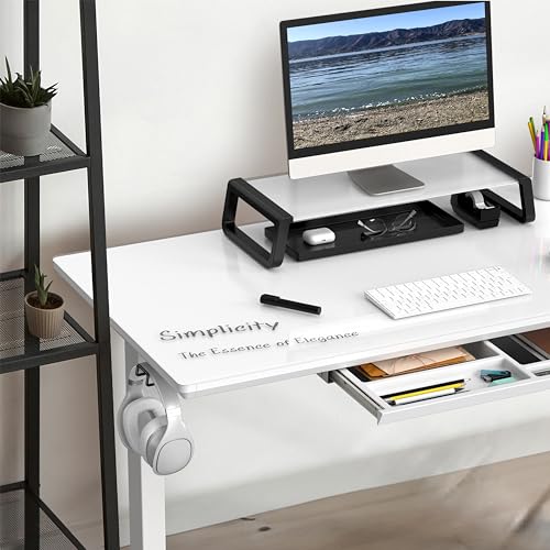 SHW 48-Inch Glass Electric Height Adjustable Desk with Monitor Riser and Drawer, White