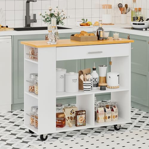 SUNLEI Kitchen Island on Wheels with Storage Cabinet, Rolling Cart Kitchen Storage Organizer with/3 Side Spice Rack, Lockable Wheels & Towel Handle, 2 Tier Open Shelf for Kitchen(White)