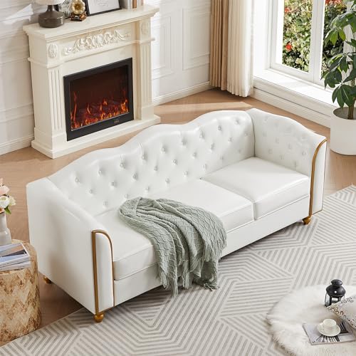 HITHOS 78" Leather Sofa Couch, Soft 3 Seater Sofa Couches for Living Room, Button Tufted Comfy Couch Modern Sofa with Upholstered Cushion, Gold Trim, Solid Wood Legs for Dorm Bedroom Apartment, White