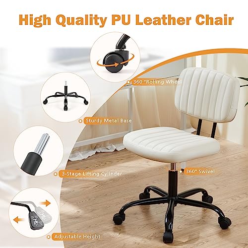 Armless Small Desk Chair - Home Office Chair with Wheels, PU Leather Low Back Task Chair with Lumbar Support, Adjustable Height 360° Rolling Swivel Computer Chair without Arm for Small Space