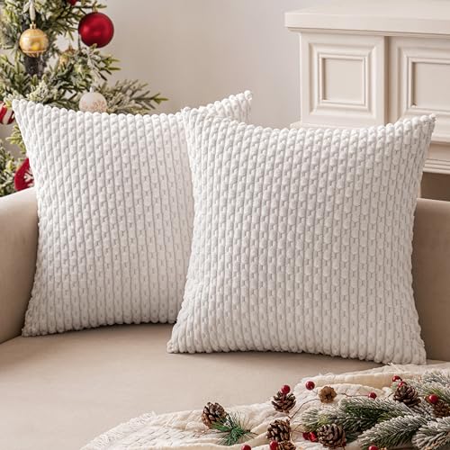 MIULEE Throw Pillow Covers Soft Corduroy Decorative Set of 2 Boho Striped Pillow Covers Pillowcases Farmhouse Home Decor for Christmas Couch Bed Sofa Living Room 24x24 Inch Pure White