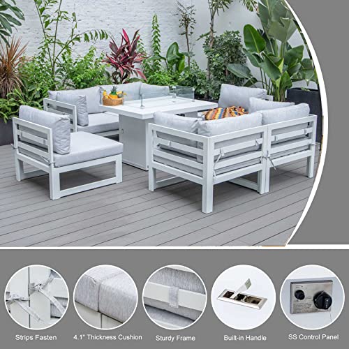 NICESOUL® 7 Pieces Aluminum Patio Furniture with Fire Pit Table Outdoor Conversation Set 43" Propane & Natural Gas Convertable Fire Pit Table Modern Luxury Sofa Set White Gray Color 7 Pieces