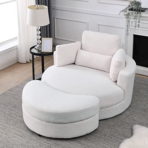 HomSof Swivel Accent Barrel Modern Grey Sofa Lounge Club Big Round Chair with Storage Ottoman Linen Fabric for Living Room Hotel with Pillows, White