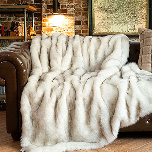 BATTILO HOME Luxury White Faux Fur Throw Blanket Thick Warm Faux Fur Blanket for Couch, Bed, Fuzzy Cozy, Fluffy Blanket Fox Fur Throw White with Black Tip, Minky Blanket, 51"x67"