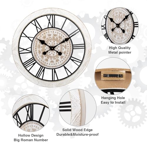 ZBJZJM 24" Large Wall Clocks for Living Room Decor Battery Operated Wood Vintage Big Silent Rustic Decorative Industrial Wall Clock for Office Home Bedroom Dinning Room,White