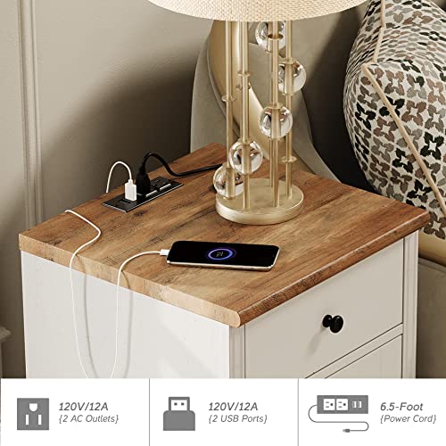 FITUEYES Set of 2 Farmhouse End Table with Charging Station, White Side Table with Drawer & Storage Cabinet, Wood Nightstands with Power Outlets & USB Ports for Living Room, Bedroo