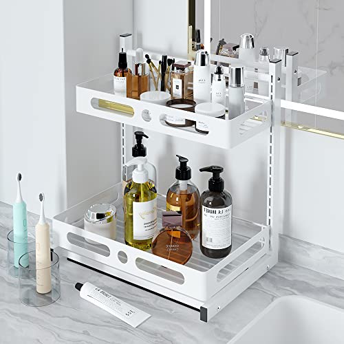 NETEL Under Sink Organizer,Pull Out Sliding Cabinet Basket Organizer 2 Tier Under Bathroom Storage Rack,Multi-Use for, Height Adjustable, With strong double-sided adhesive, White 2-pack