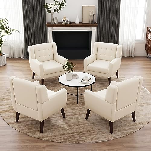 UIXE Accent Chairs Set of 2, Modern Living Room Arm Chair Button Tufted Armchair, Comfy Upholstered Club Lounge Sofa Seat Reading Chair Bedroom Side Seating for Home Office (White)