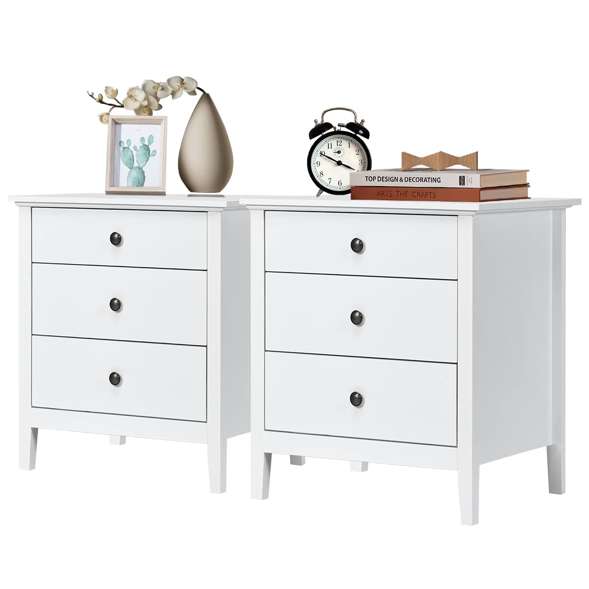 KOTEK Set of 2 Nightstands with Drawers, Side Table End Table Accent Table w/Drawers, 3-Drawer Nightstand for Bedroom, Living Room (White)