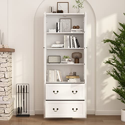 AIEGLE Large Bookcase with Glass Doors, 31.5" Wide Tall 4-Tier Bookshelf with 2 Drawers, Freestanding China Cabinet Display Storage Cabinet for Living Room Office Storage, White