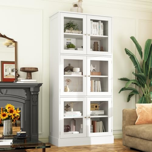 Hitow 67.8" Tall Curio Cabinet Glass Storage Cabinet with 6-Tier Shelf, Large Display Bookshelf Bookcase with 6 Glass Doors, Liquor Cabinet for Home Office Living Room Kitchen, White 31.5" W