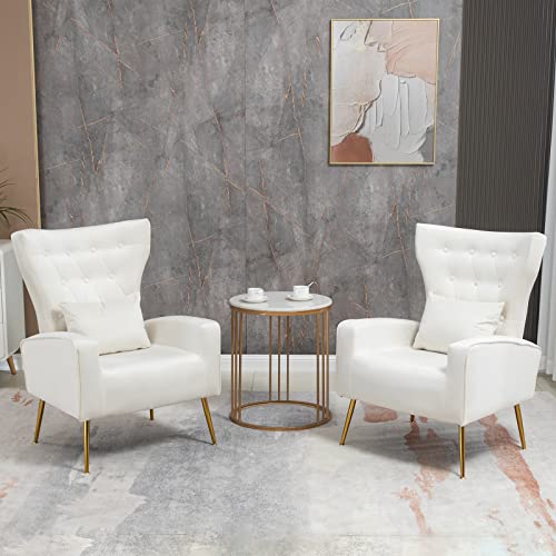 ZJhome Button-Tufted Living Room Chairs Set of 2, WingBack Velvet Accent Chair Armchair with Lumbar Pillow, Bedroom Chairs Vanity Chair Arm Chair with Golden Legs, Cream