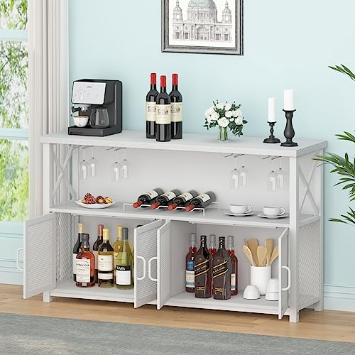 LVB White Coffee Bar Cabinet, Modern Wine Cabinet for Liquor and Glasses, Farmhouse Liquor Cabinet with Storage Rack, Industrial Kitchen Sideboard Buffet Cabinet for Home Dining Room, White Oak, 47 In