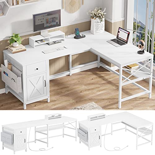 SEDETA L Shaped Computer Desk, Convertible 86.6" Home Office Desk or Corner Desk, Office Desk with Drawer, Power Strip, Storage Cabinet & Storage Bag, White