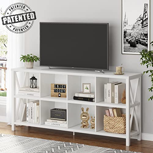 FATORRI 8 Cube Storage Organizer Bookshelf, Rustic Wood Cubby Bookcase, Industrial Horizontal Long Shelf for Living Room (White Oak, 62 Inch)