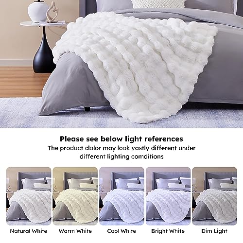 CozyBloom Luxury Soft Faux Fur Throw Blanket for Couch, Decorative Cozy Plush Long Shaggy Fluffy Blanket, Solid Comfy Fleece Furry Blanket, Reversible Thick Warm Blanket for Winter, Washable, White