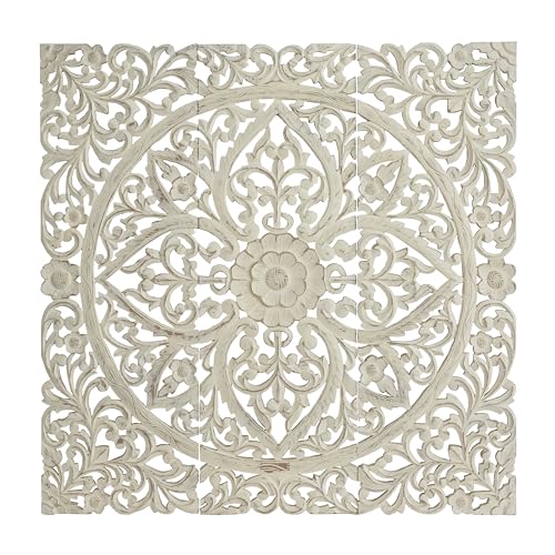 Deco 79 Wood Floral Handmade Intricately Carved Wall Decor with Mandala Design, Set of 3 48"H, 48"W, Beige